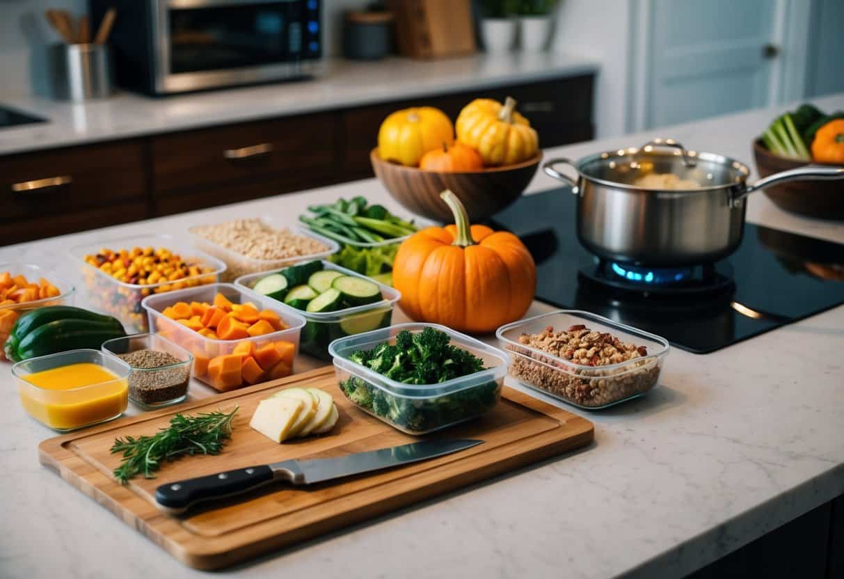 A kitchen counter with various containers of prepped fall lunch ingredients, including vegetables, grains, and protein. A cutting board with a knife and a pot simmering on the stove