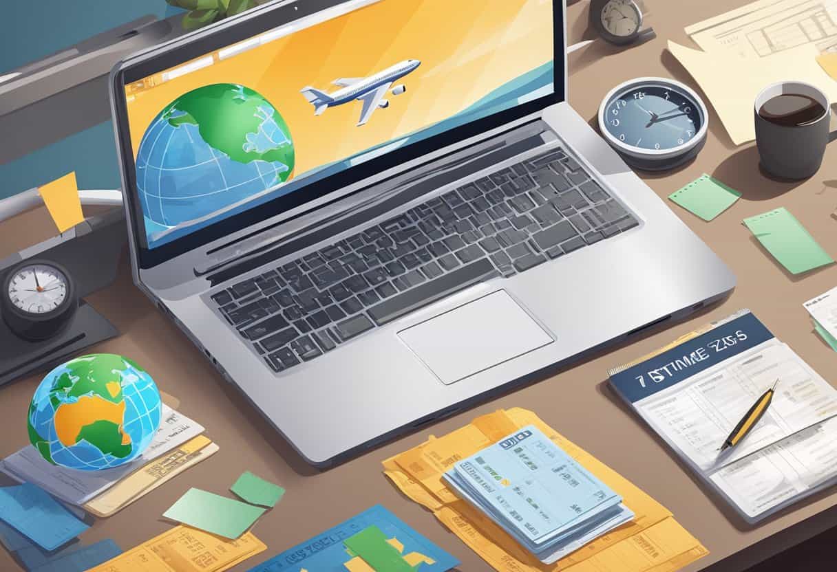 A laptop, globe, and airplane tickets on a desk with a window showing different time zones