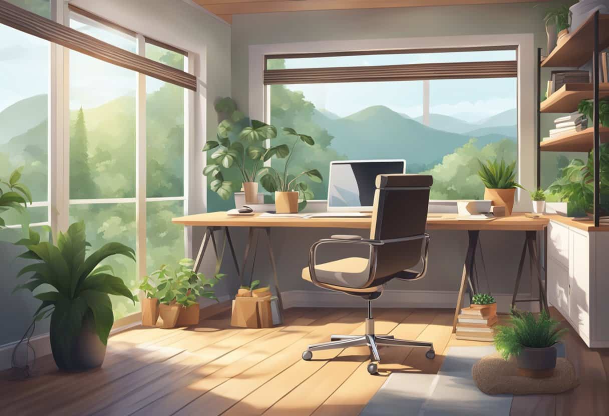 A cozy home office with modern technology and natural light, surrounded by greenery and a peaceful outdoor view