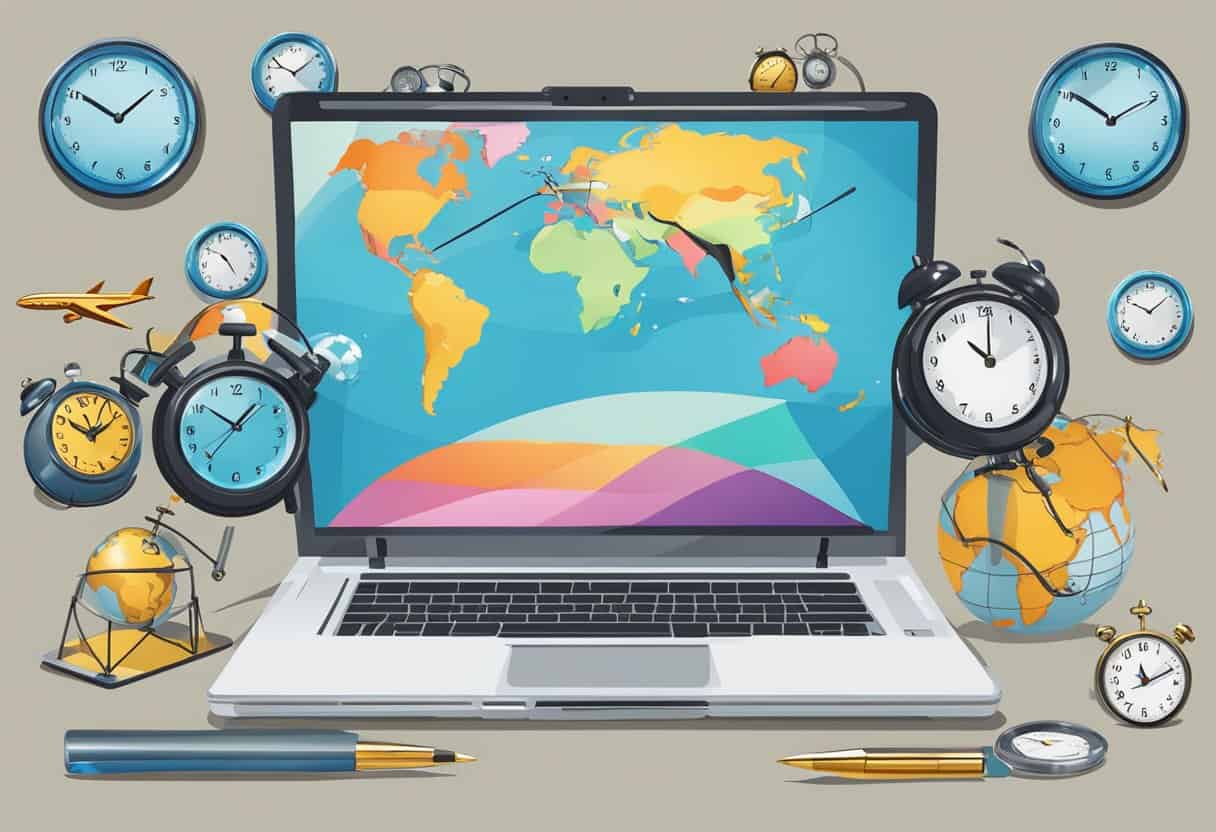 A laptop surrounded by a globe, airplane, and various time zone clocks