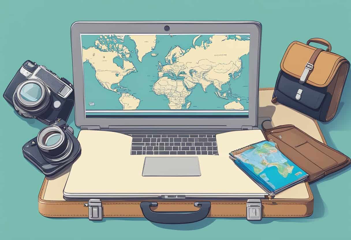 A laptop, passport, and world map on a table with a suitcase, camera, and travel guide nearby