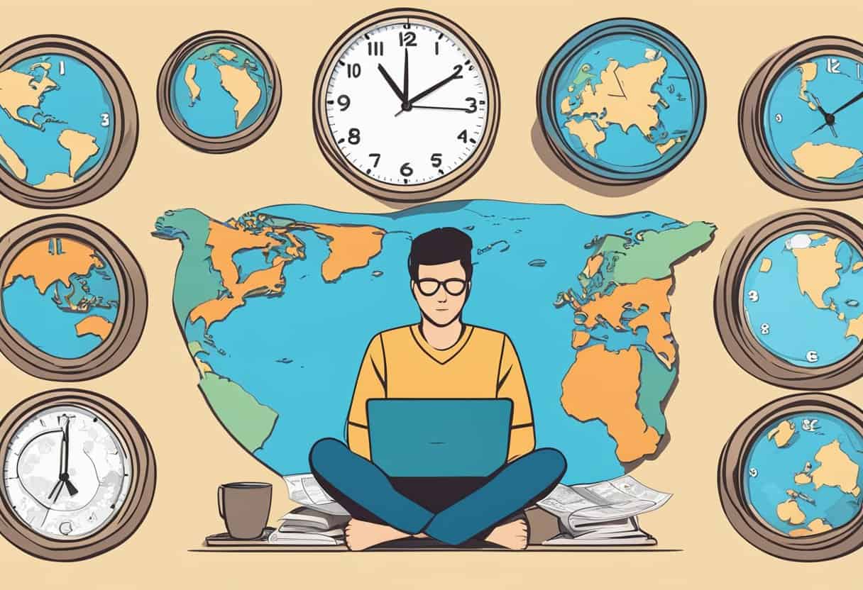 A person sitting at a laptop on a beach, surrounded by different time zone clocks and a map of the world