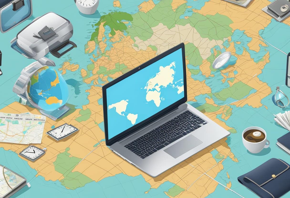 A laptop surrounded by various clocks showing different time zones, with a map and travel accessories nearby