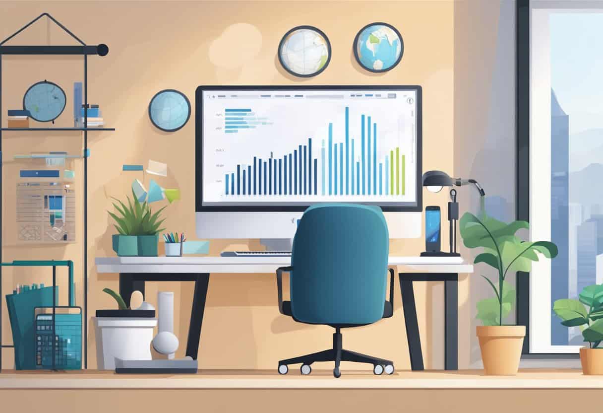 A home office with a computer, desk, and chair. Charts and graphs on the wall show remote work statistics for 2025. A globe and calculator sit on the desk