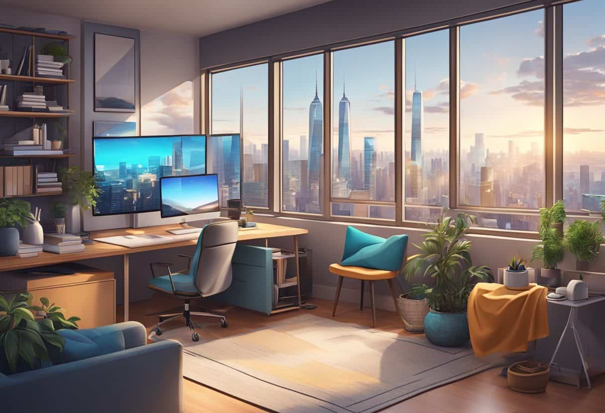 A cozy home office with a panoramic view of a bustling city skyline, featuring modern technology and comfortable furniture for remote work in 2025