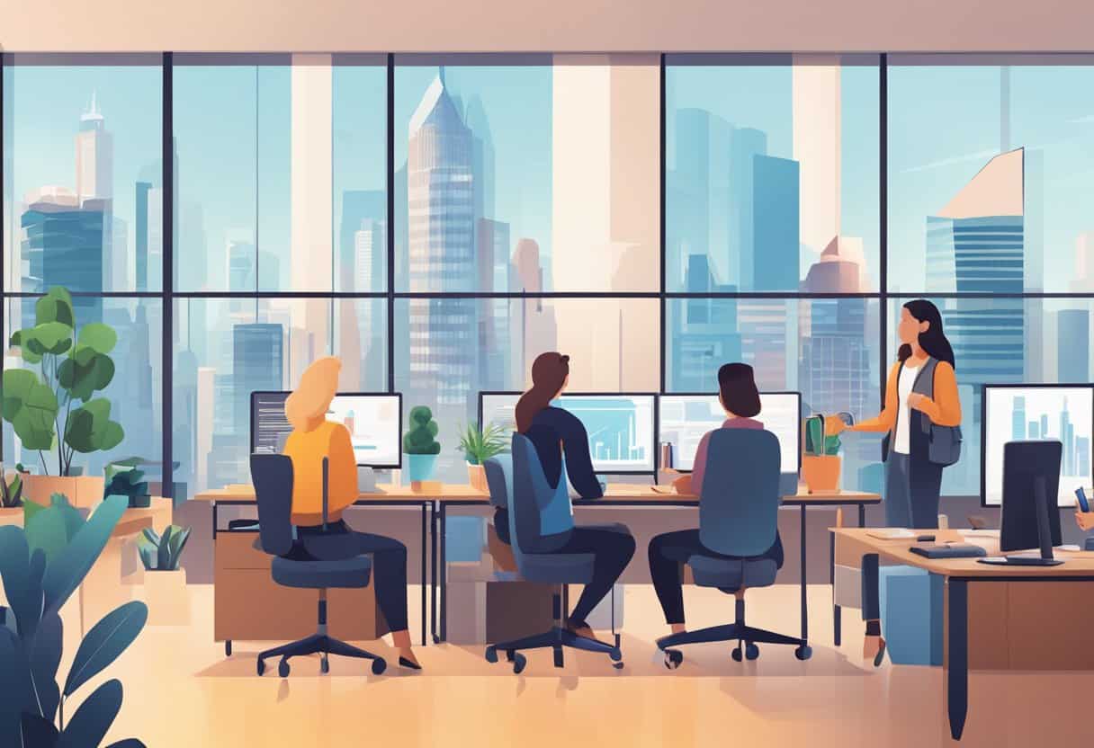 A bustling city skyline with office buildings transformed into virtual workspaces, as employees connect remotely from home