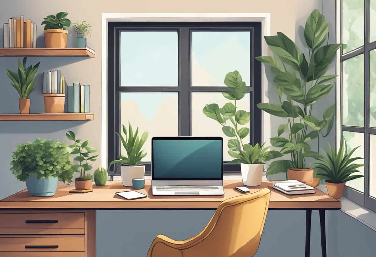 A cozy home office setup with a laptop, desk, chair, and plants. A window lets in natural light, creating a calm and productive atmosphere for remote work