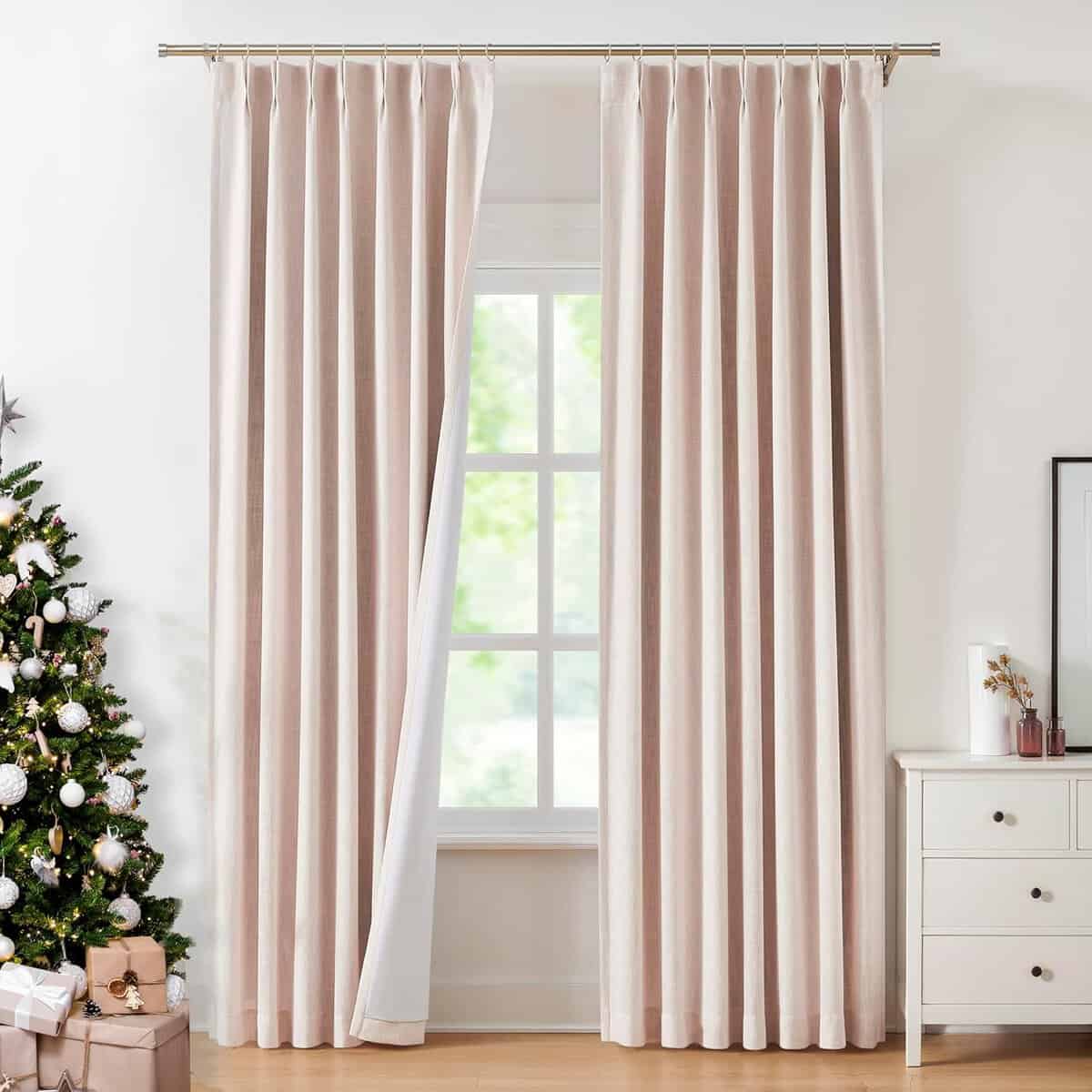 Pink Pinch Pleated Full Blackout Curtains Linen Texture