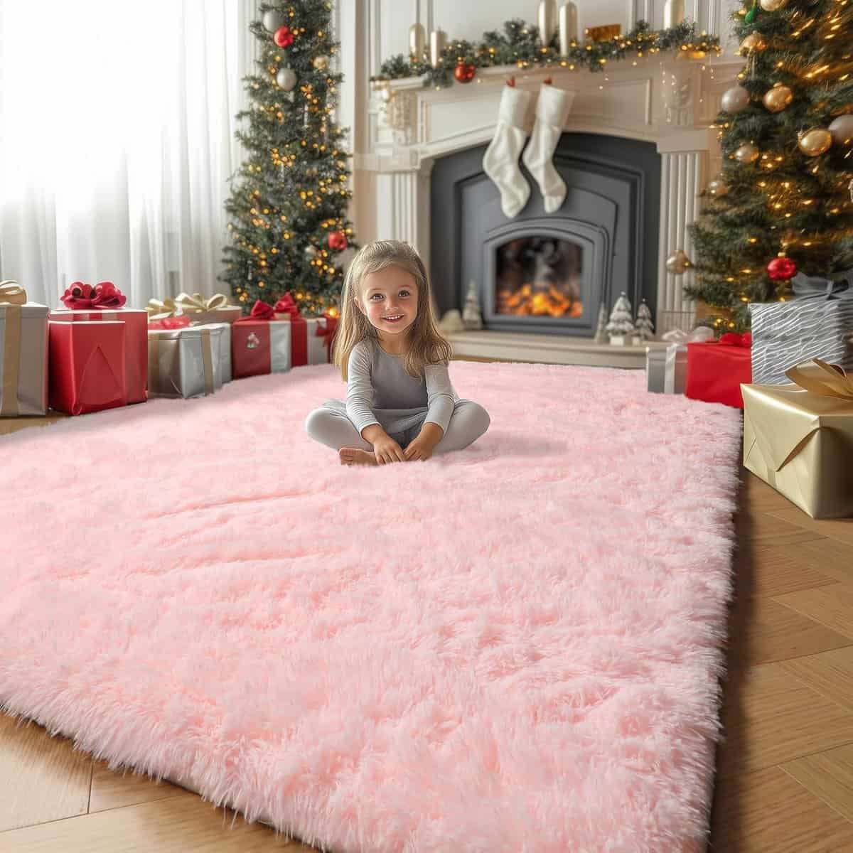 Pink Area Rug for Girls Bedroom,Fluffy Shag Rug 4'X6'