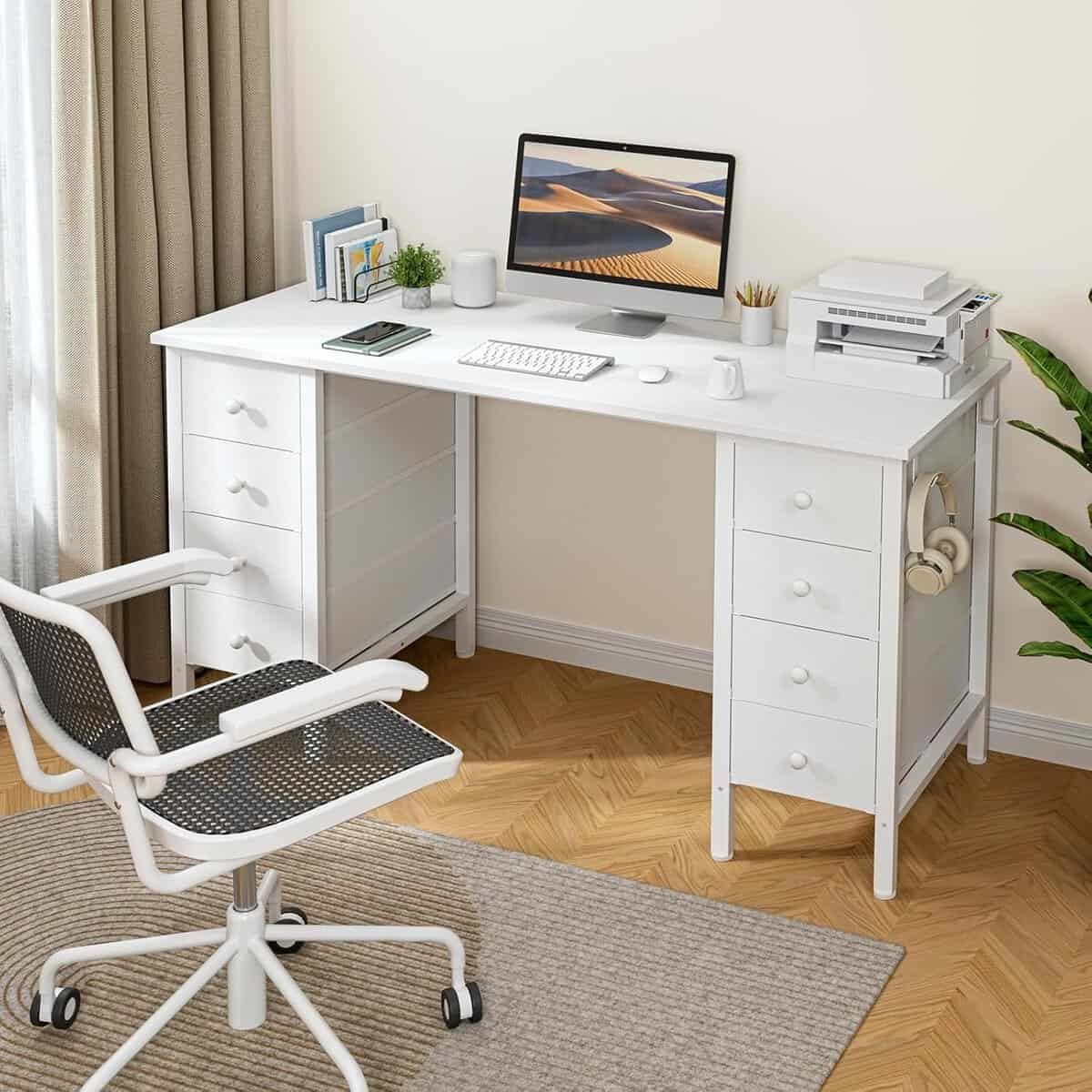 White Computer Desk with Drawers for Storage