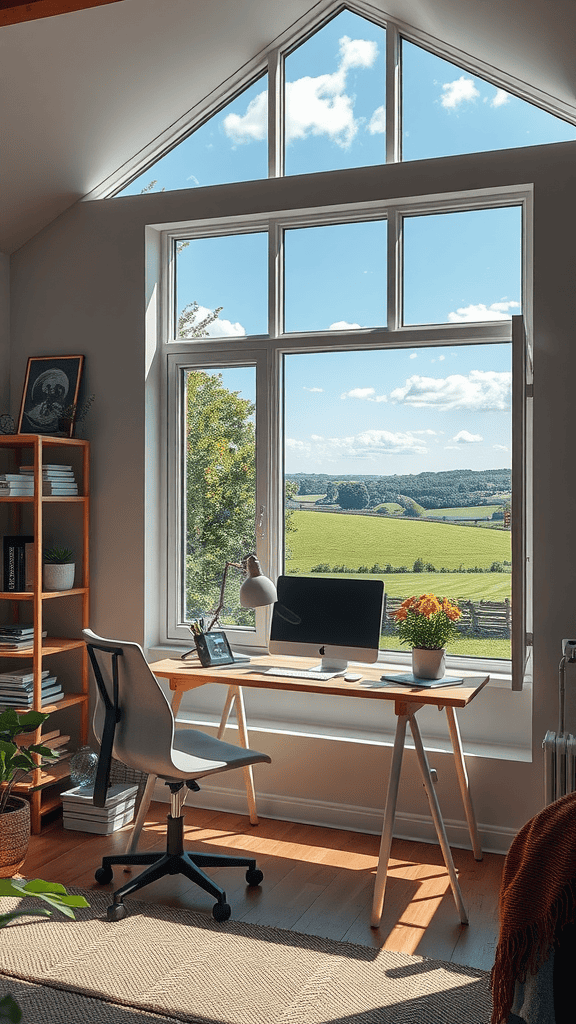 Bright home office with large windows overlooking green fields and a blue sky.