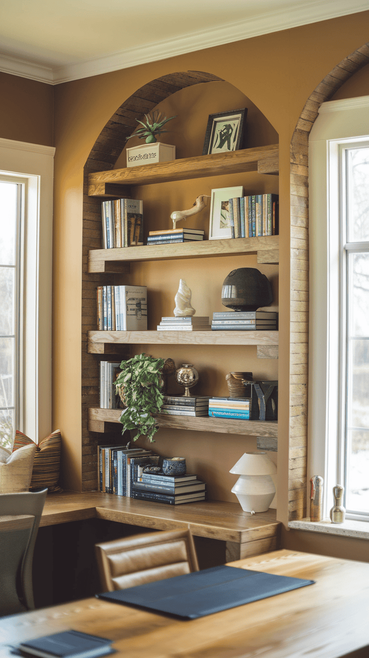 Interior with an accent wall featuring built-in wood shelving, filled with books and decorative items.