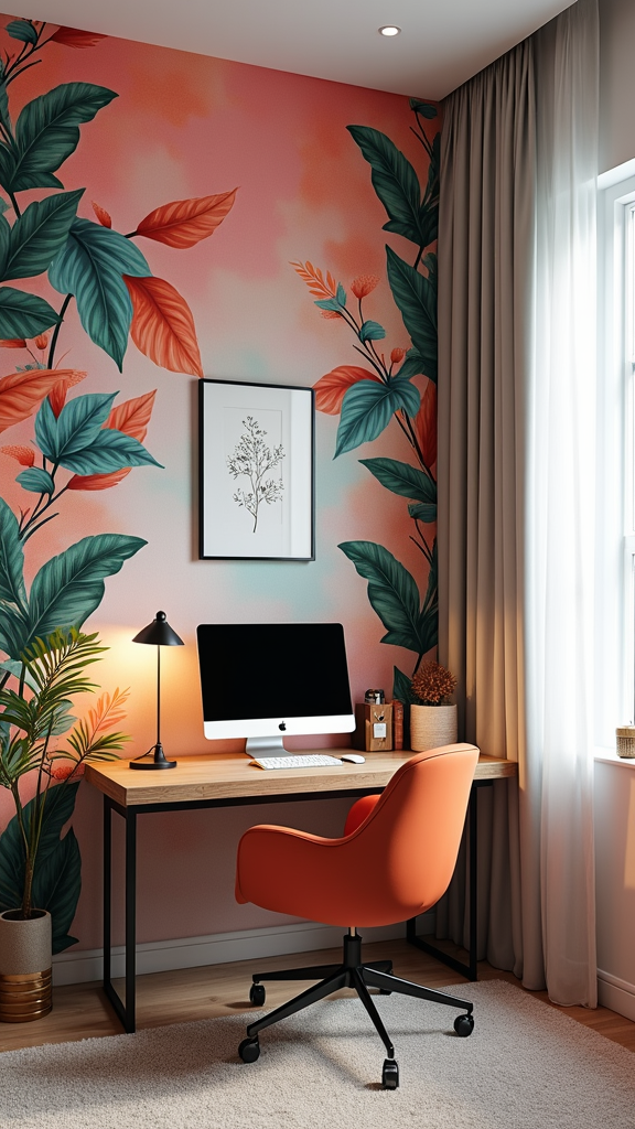 A home office featuring a vibrant accent wall with leaves and a stylish desk setup.