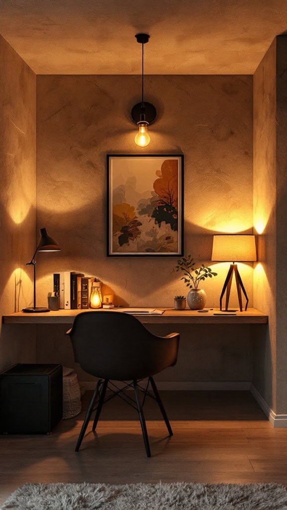 Cozy workspace with warm lighting and plants