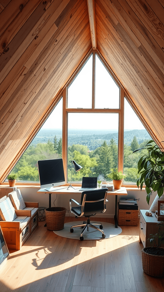 A cozy attic workspace with a desk, computer, and large windows overlooking a green landscape.