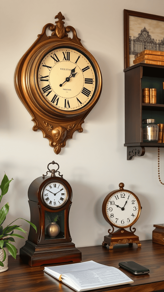 An assortment of antique clocks displayed on a wooden desk in a cozy office setting.