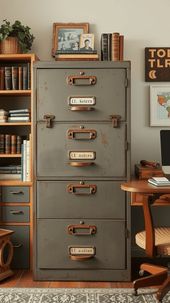 Antique file cabinet with multiple drawers and vintage decor in an office setting