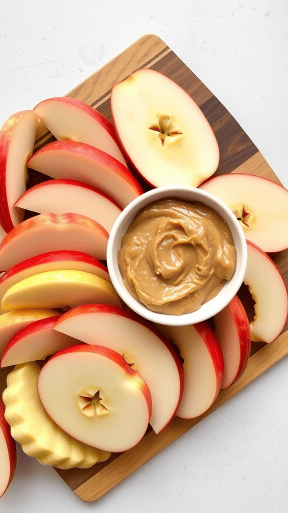 Sliced apples with a bowl of almond butter on a wooden board.