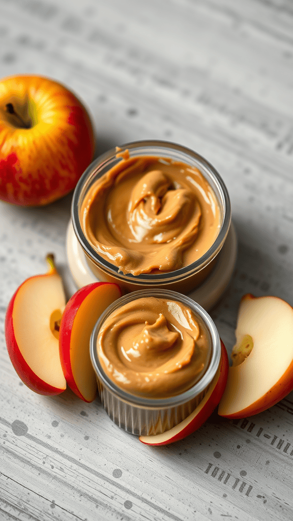 A fresh red apple next to jars of almond butter with apple slices.