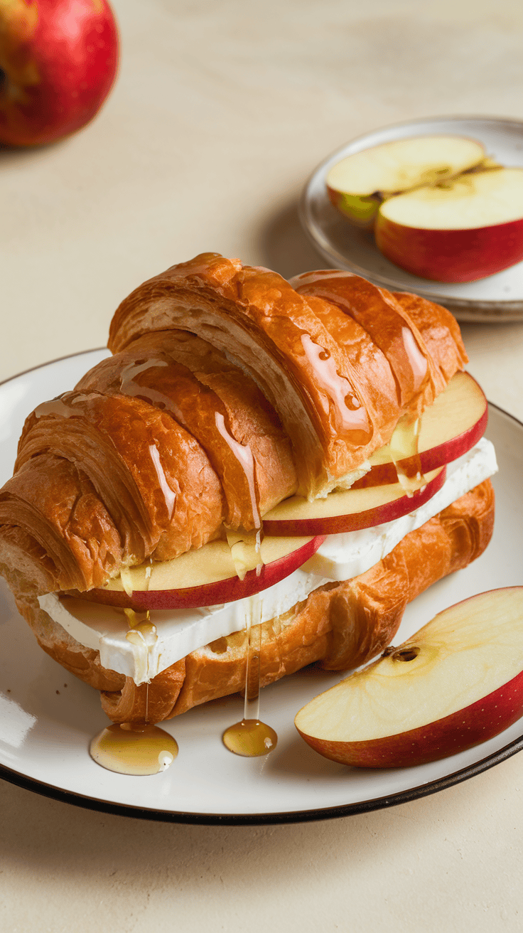 A croissant filled with brie cheese and apple slices, drizzled with honey, served on a plate with apple slices in the background.