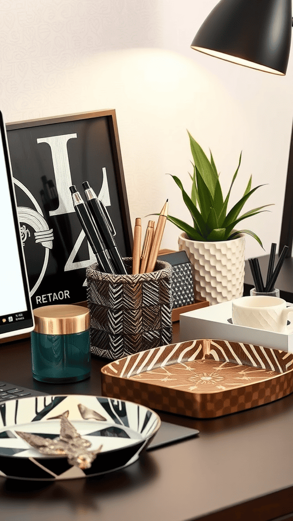 A stylish desk setup featuring decorative accessories like trays, pen holders, and plants.