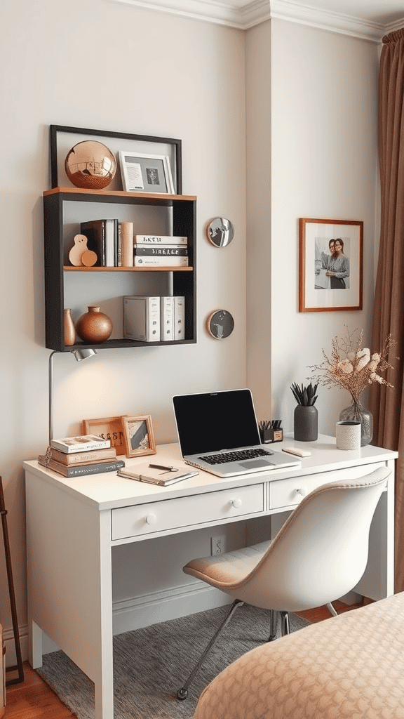 A well-organized desk workspace featuring a laptop, books, and decorative items in a cozy room