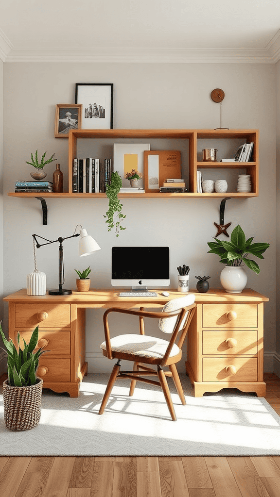 A warm and stylish wooden desk setup with plants, books, and a computer.