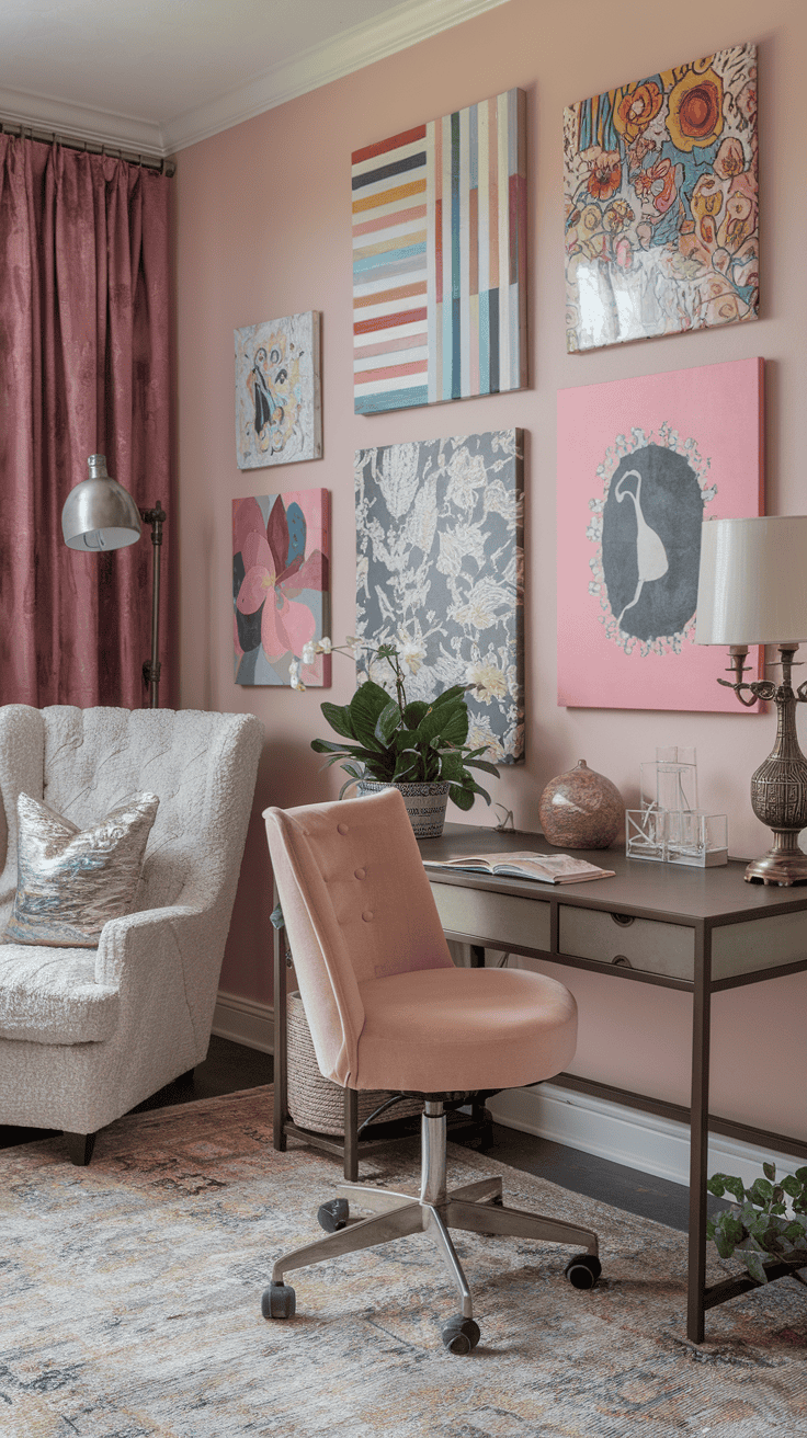 A cozy workspace featuring colorful art canvases on a pink wall, a soft armchair, and a neatly organized desk.