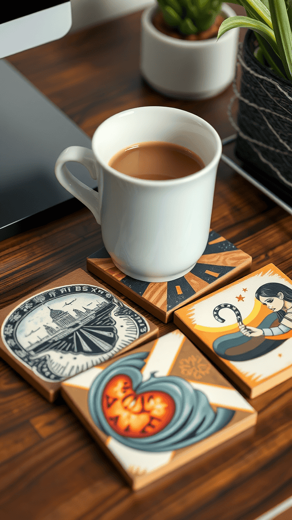 A cup of coffee on artistic coasters, showcasing unique designs.