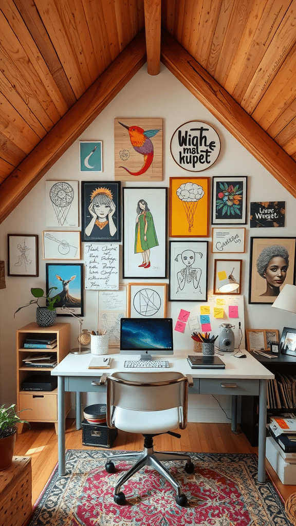 A cozy attic workspace filled with colorful artwork and a desk setup.