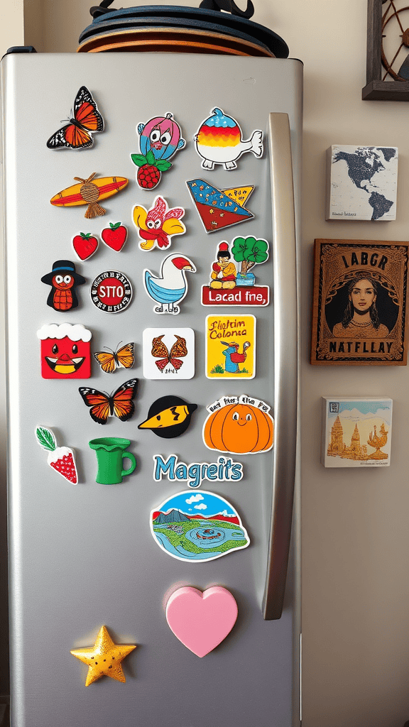 A fridge adorned with colorful artistic magnets showcasing various designs and themes.