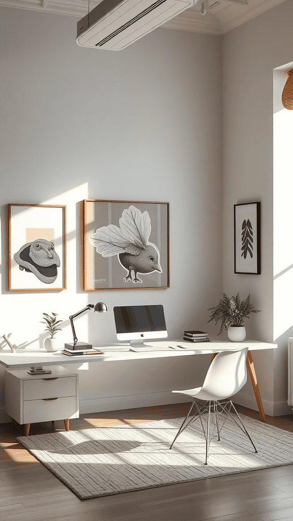 A cozy home office with minimalist design featuring bird illustrations on the wall, a sleek desk, and plants.