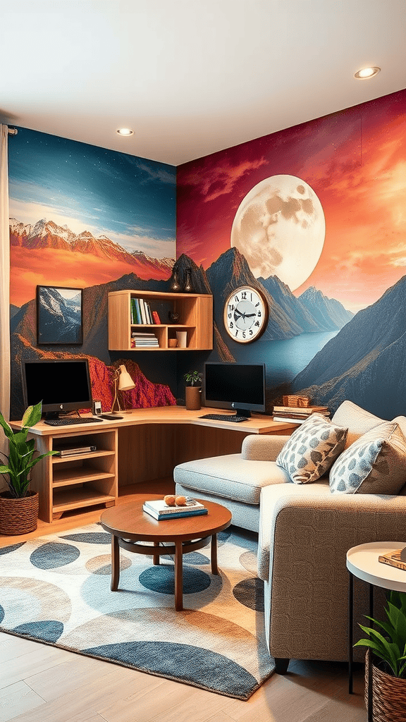 A cozy living room featuring artistic wall murals and a comfortable couch.