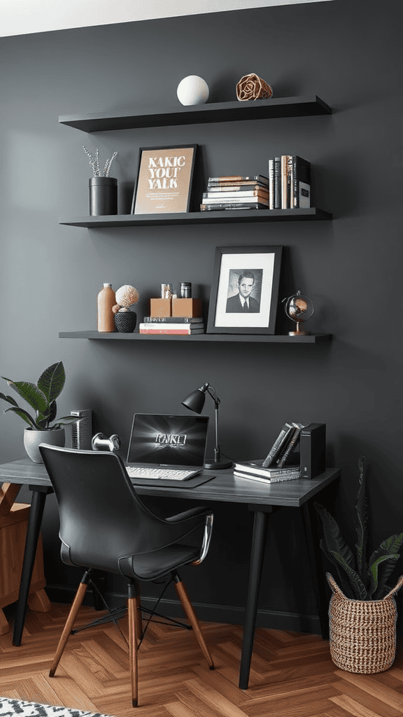 A modern workspace featuring artistic wall shelves with decorative items and books.