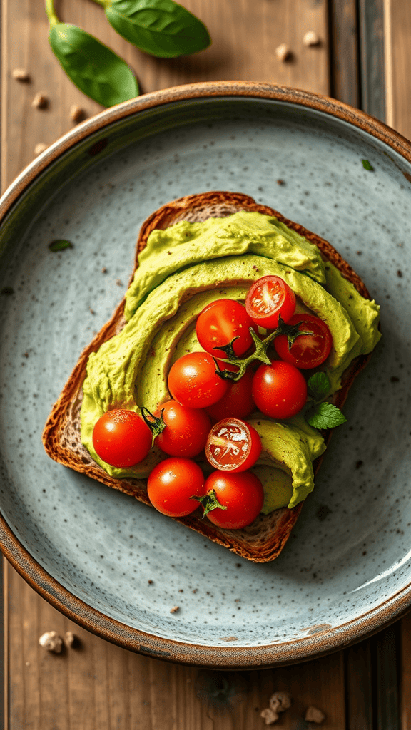 A slice of avocado toast topped with cherry tomatoes on a blue plate