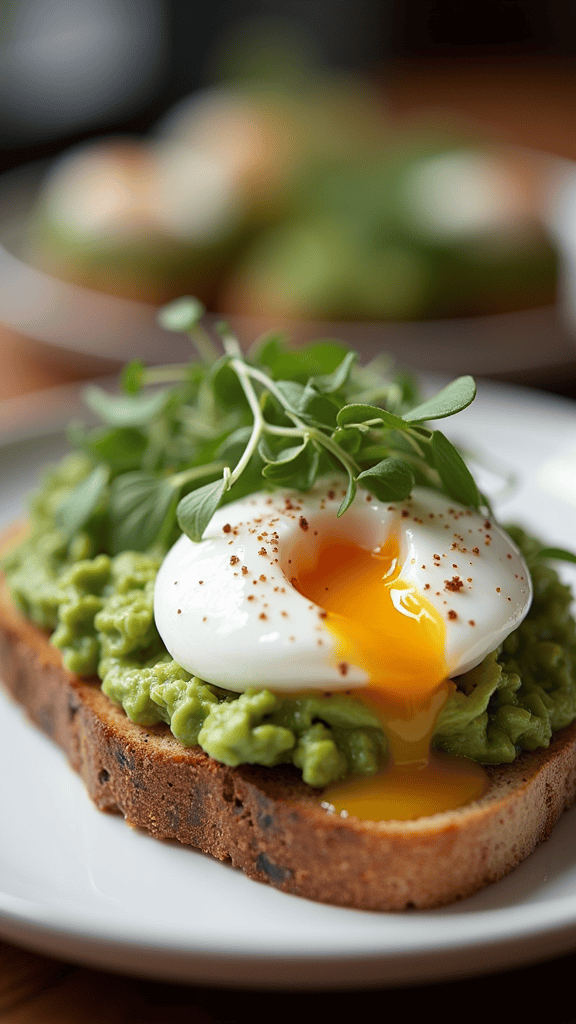 Avocado toast topped with poached egg and herbs