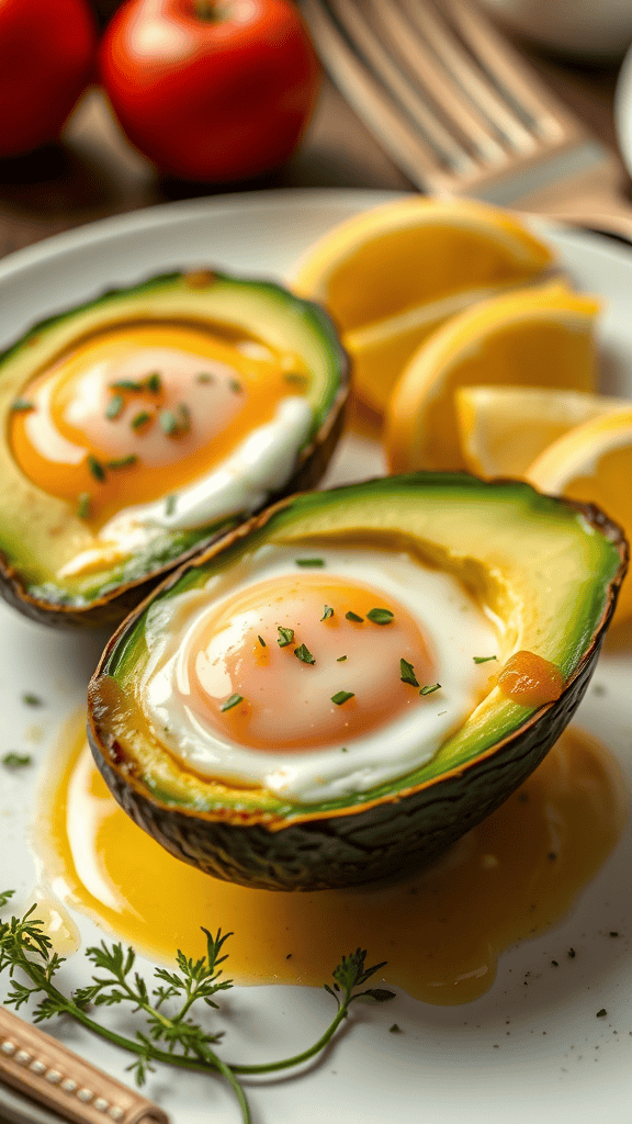 Baked eggs in avocado halves served on a plate with lemon slices and tomatoes