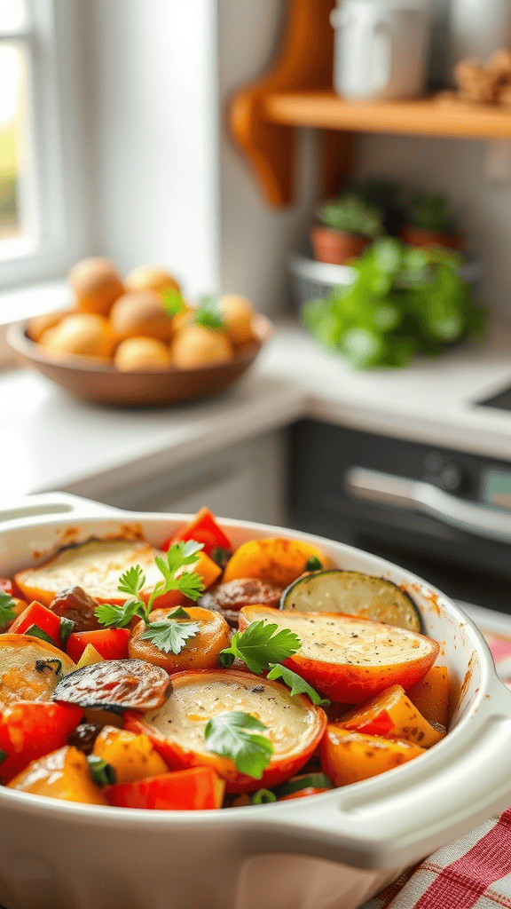 A baking dish filled with colorful baked ratatouille, featuring zucchini, bell peppers, and potatoes, garnished with fresh herbs.