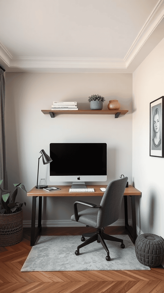 A modern workspace featuring a clean desk, computer, and simple decor in neutral tones.