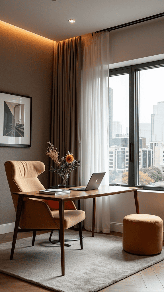 A stylish feminine home office featuring a wooden desk, comfortable chair, and a vase of flowers by a large window.