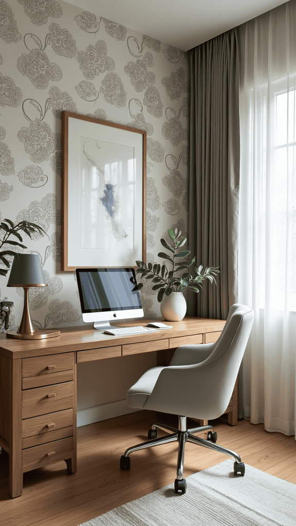 Stylish home office featuring wooden desk, modern chair, and decorative wall.