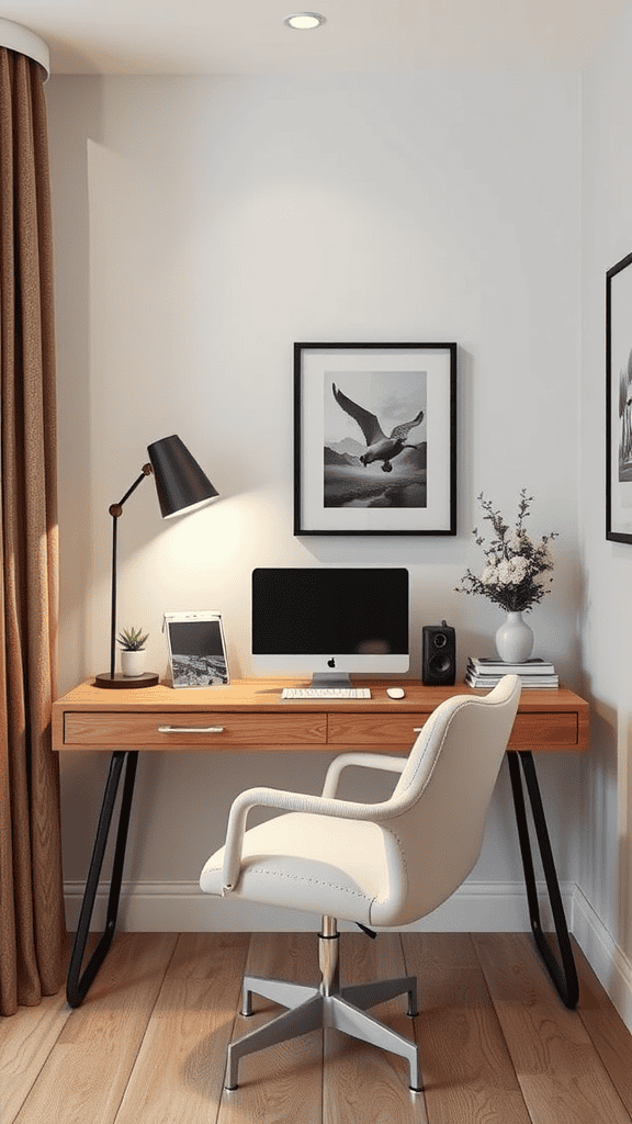 A stylish workspace featuring a wooden desk, modern chair, and decorative items.