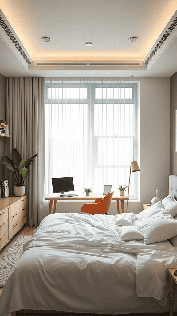 A cozy bedroom with a workspace featuring a desk, chair, and plants, showcasing a balance between work and rest areas.