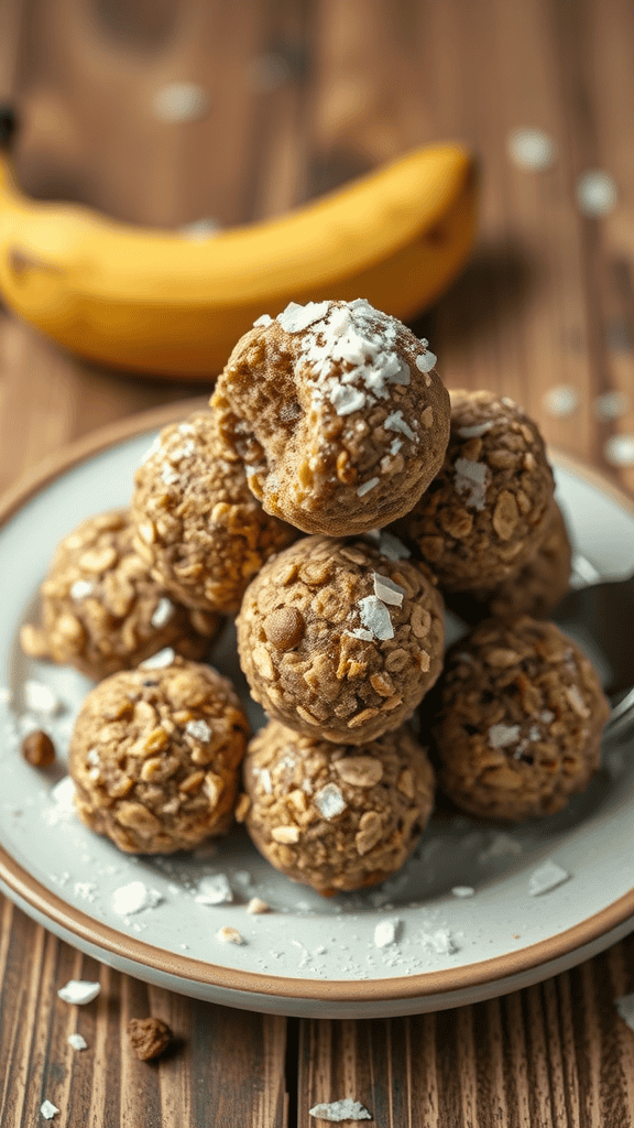 A plate of banana oatmeal energy bites with a banana in the background