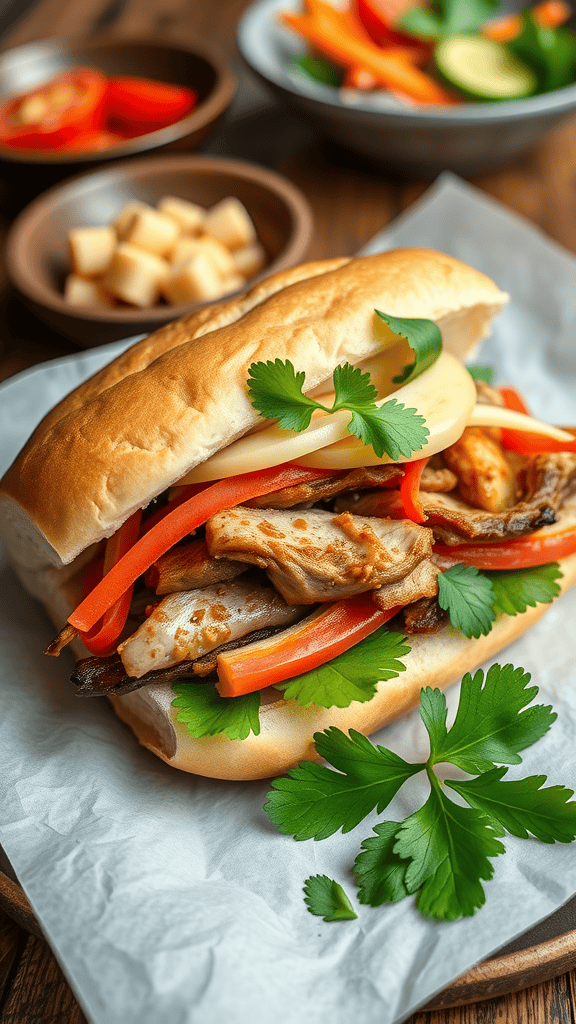 A delicious Banh Mi sandwich filled with grilled meat, pickled vegetables, and fresh herbs, surrounded by colorful sides.