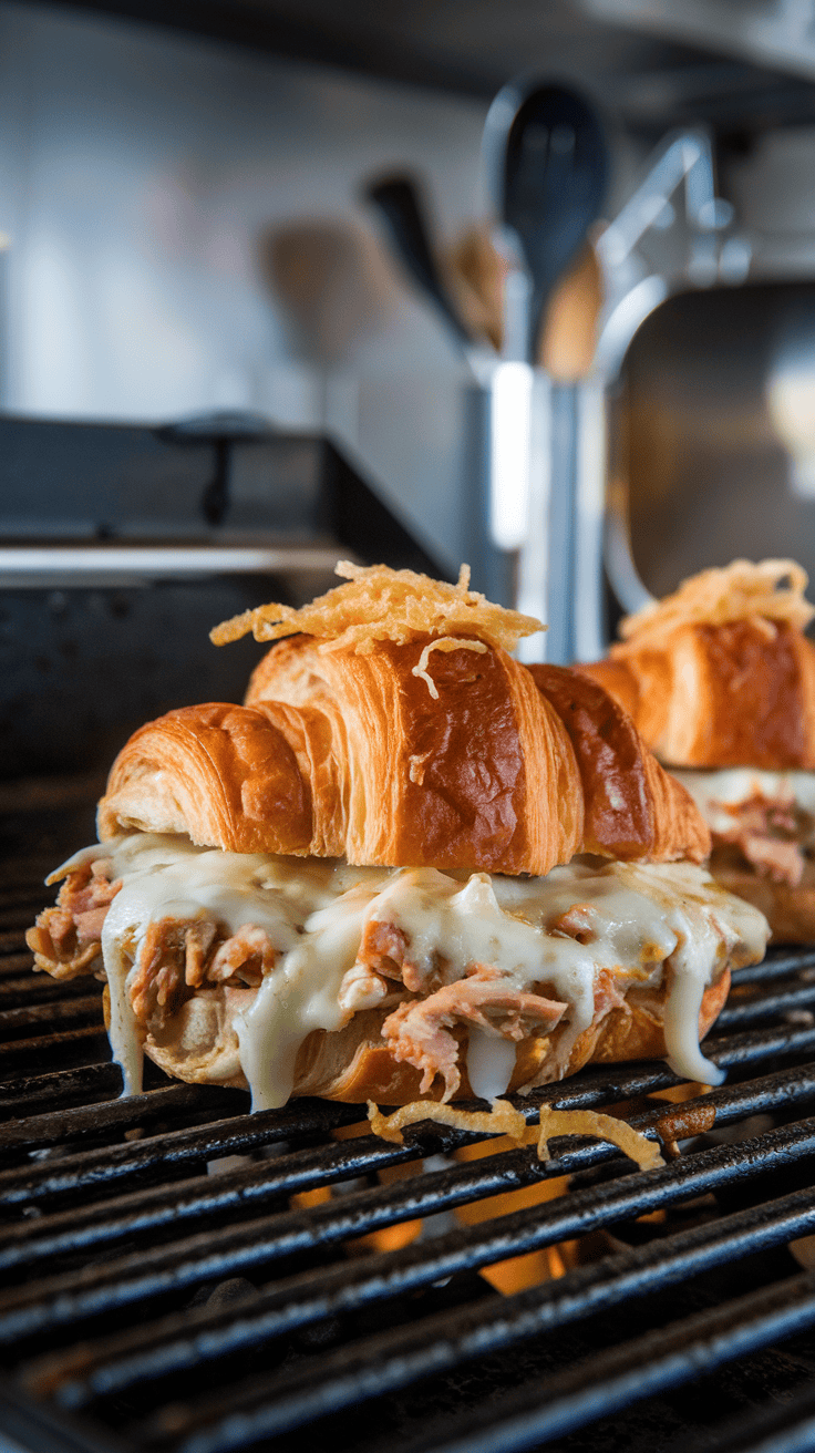 BBQ Chicken Croissant Melt with melted cheese and crispy onion on top