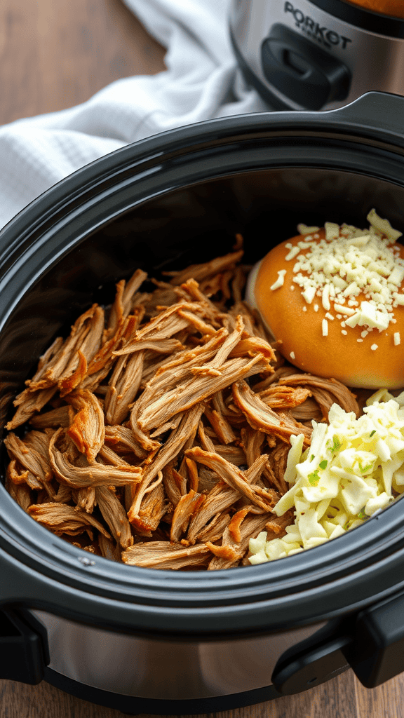 A slow cooker filled with shredded BBQ pork, a soft bun, and coleslaw.