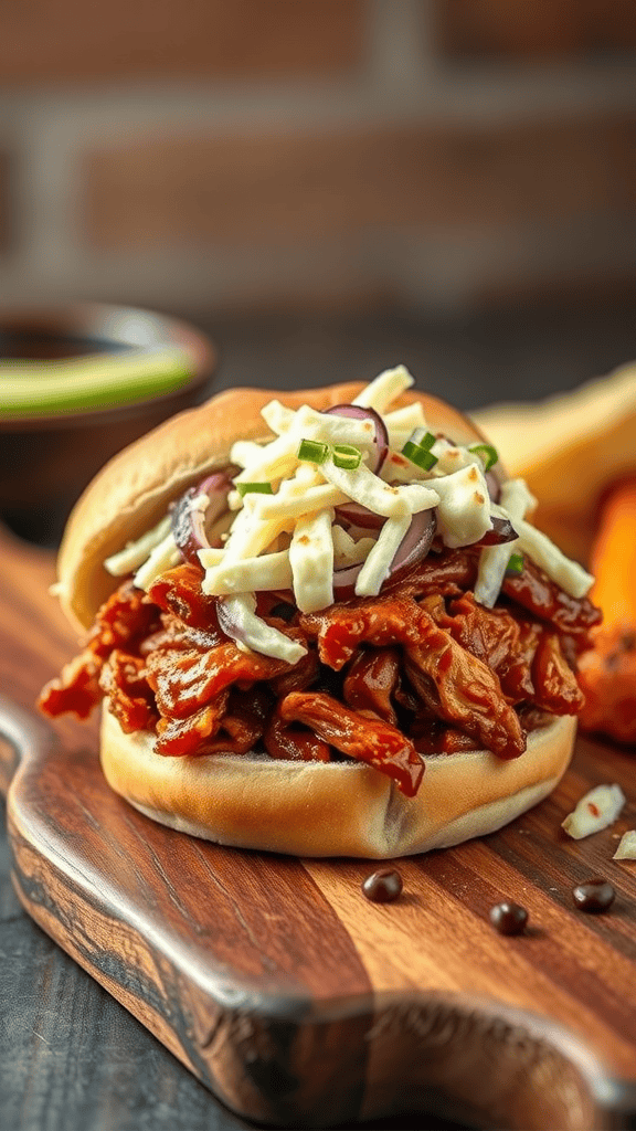 BBQ pulled pork sandwich with coleslaw on a wooden serving board