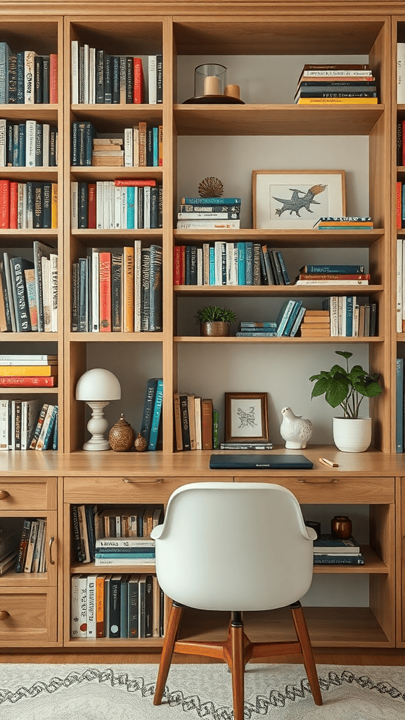 A cozy bookshelf filled with various books, a small plant, and decorative items.