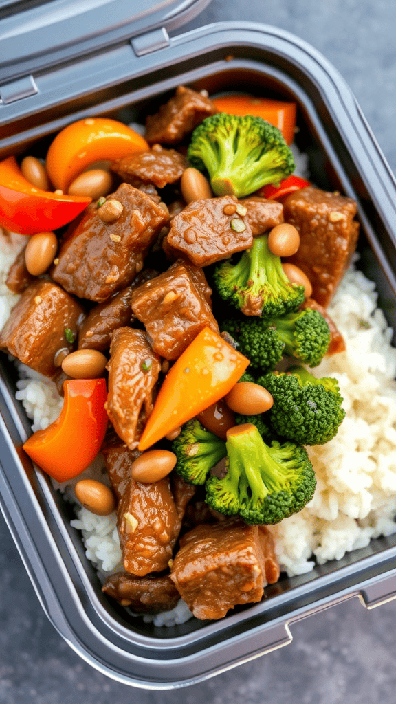 A packed container of beef and broccoli stir-fry with peppers and rice.